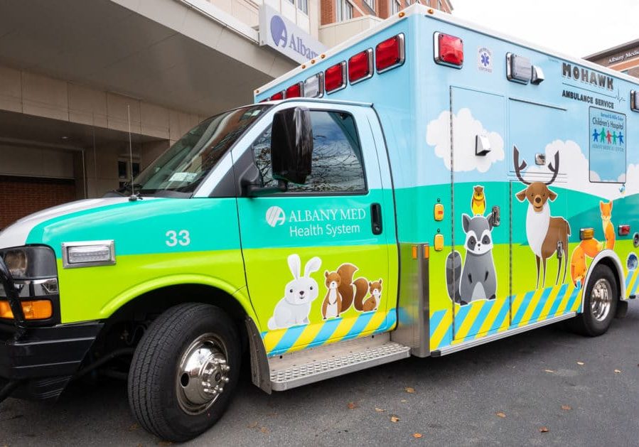 The newly wrapped pediatric ambulance.